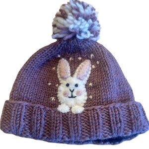 Ambler Peek-a-Boo Bunny Hand Knit Wool Hat Fleece Brim Child S/M